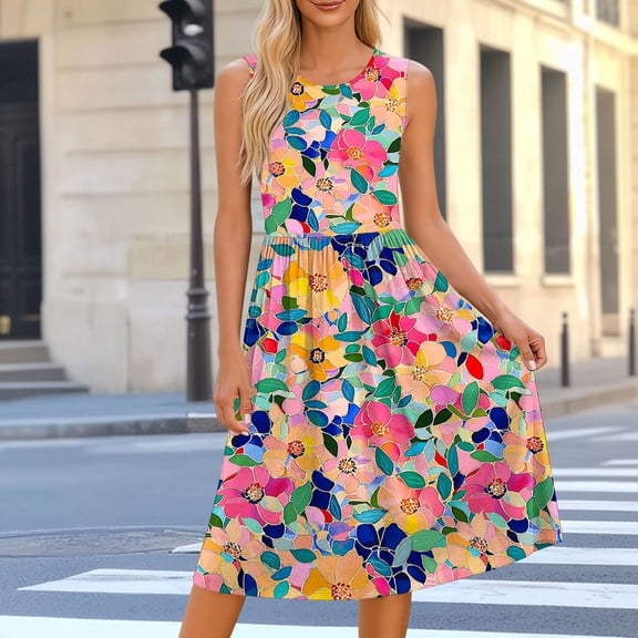 ClodeEU Women's Crew Neck Sleeveless Floral Print A Line Midi Dress,Casual Summer Swing Dress Hot Pink,Women's Plus L