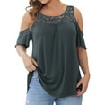 thumbnail image 2 of NECHOLOGY Women Solid Plus Size Tops Off The Shoulder Lace Stitching Short Sleeve Top T-Shirt Womens Clothes Sky Grey X-Large, 2 of 5