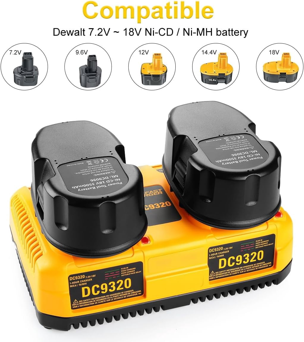 DC9320 Battery Charger for Dewalt 18V 14.4V 7.2V Batteries, Dual Port Charging Station for Dewalt NI-CD NI-MH Battery DC9096 DC9098 DC9099 DE9057 DW9096 DW9094 DW9072