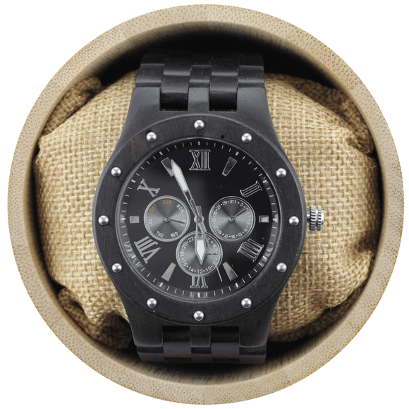 Angie Wood Creations Studded Ebony Men’s Watch With Black Dial and Silver Hands