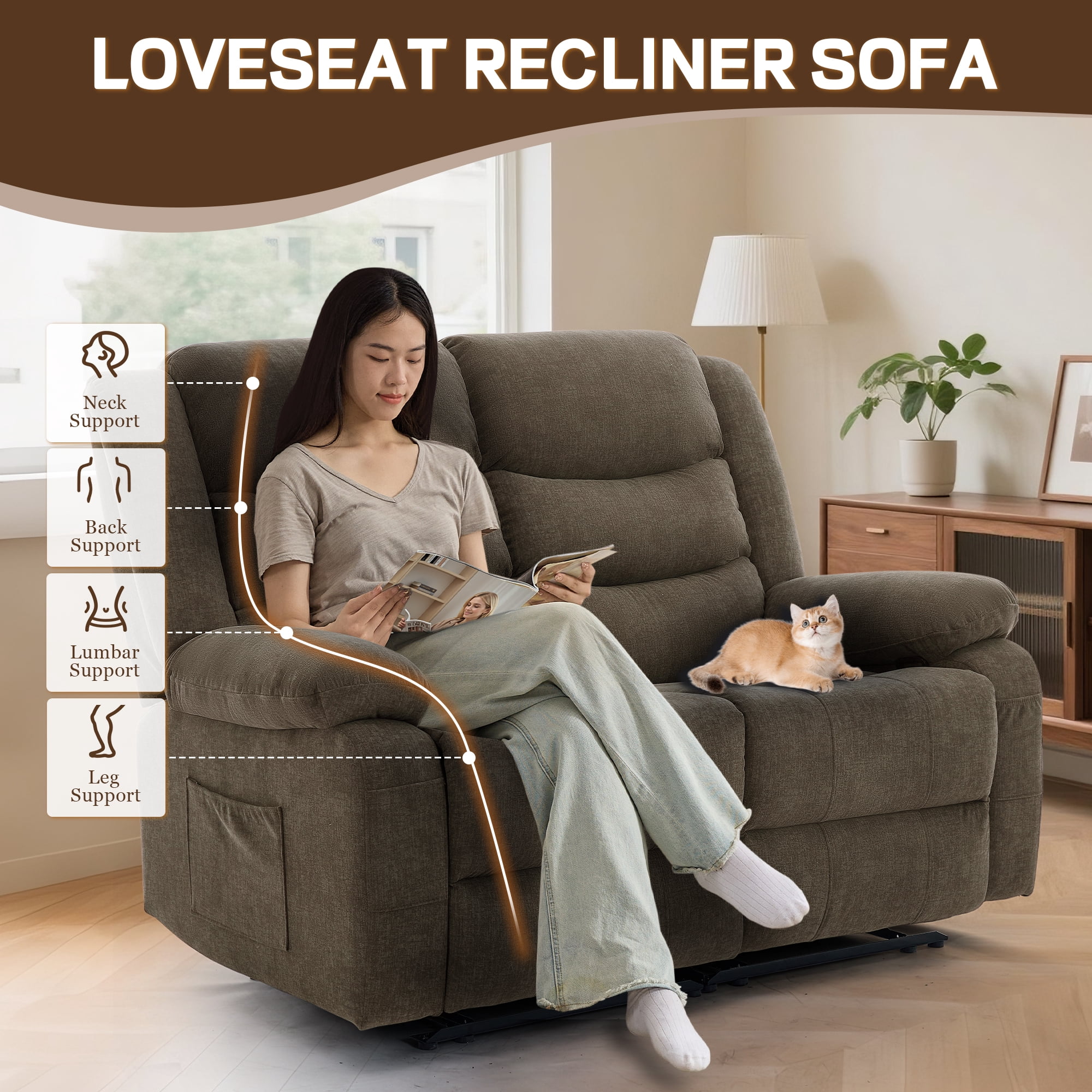 Korser Oversized Loveseat Recliner Sofa with Front Pockets and Side Pockets for Living Room,Home Theater,Brown