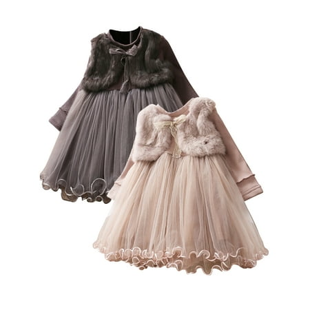 

URMAGIC 1-7 Years Little Girls Winter Rib Long Sleeve Dress Toddler Kids Casual Party Tulle Princess Dresses With Fleece Waistcoat