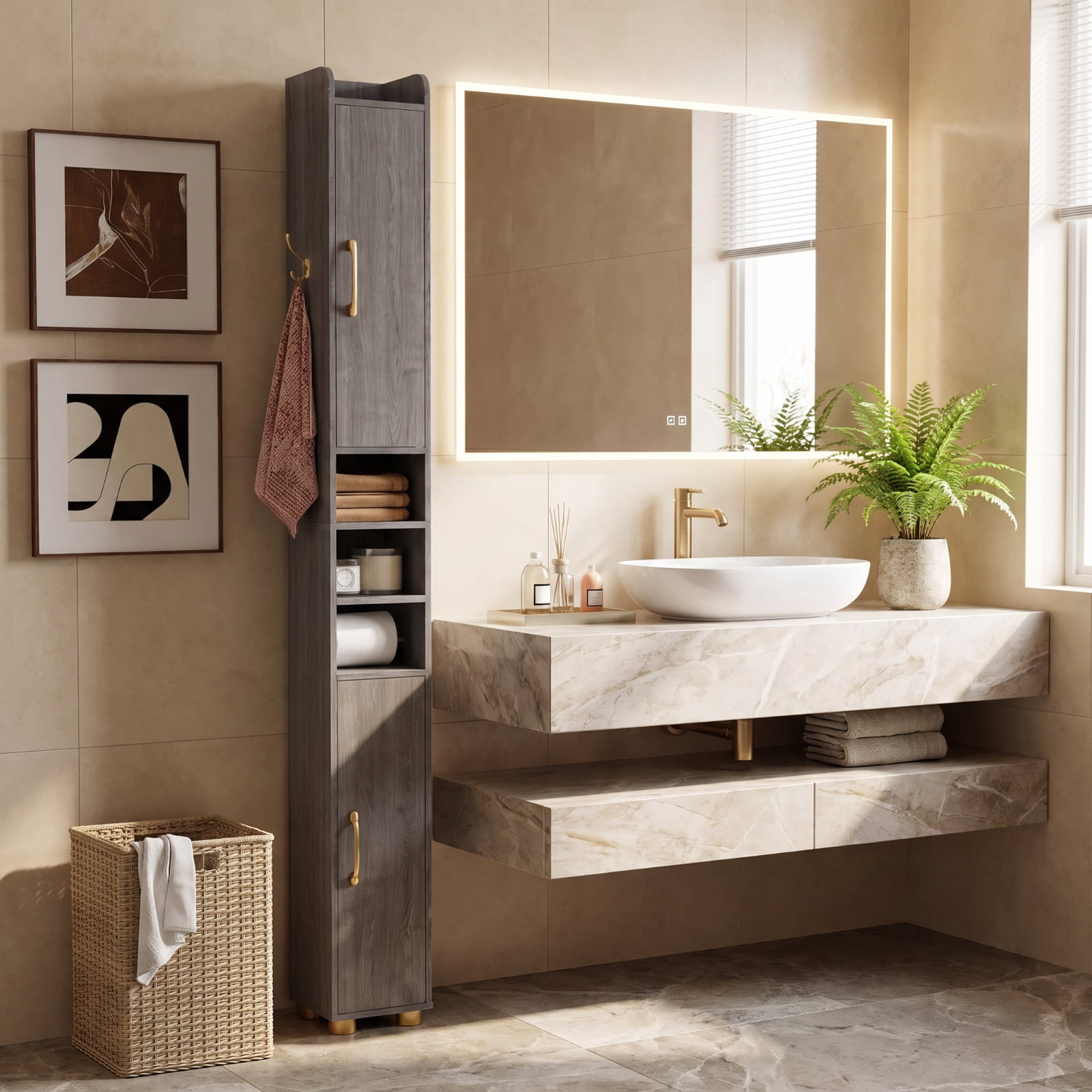 Vebreda Narrow Bathroom Storage Cabinet, Tall Freestanding Slim Tower with 2 Closed Cabinets, Open Shelves and Toilet Paper Holder, Adjustable Shelves, Hook and Golden Handles, Gray