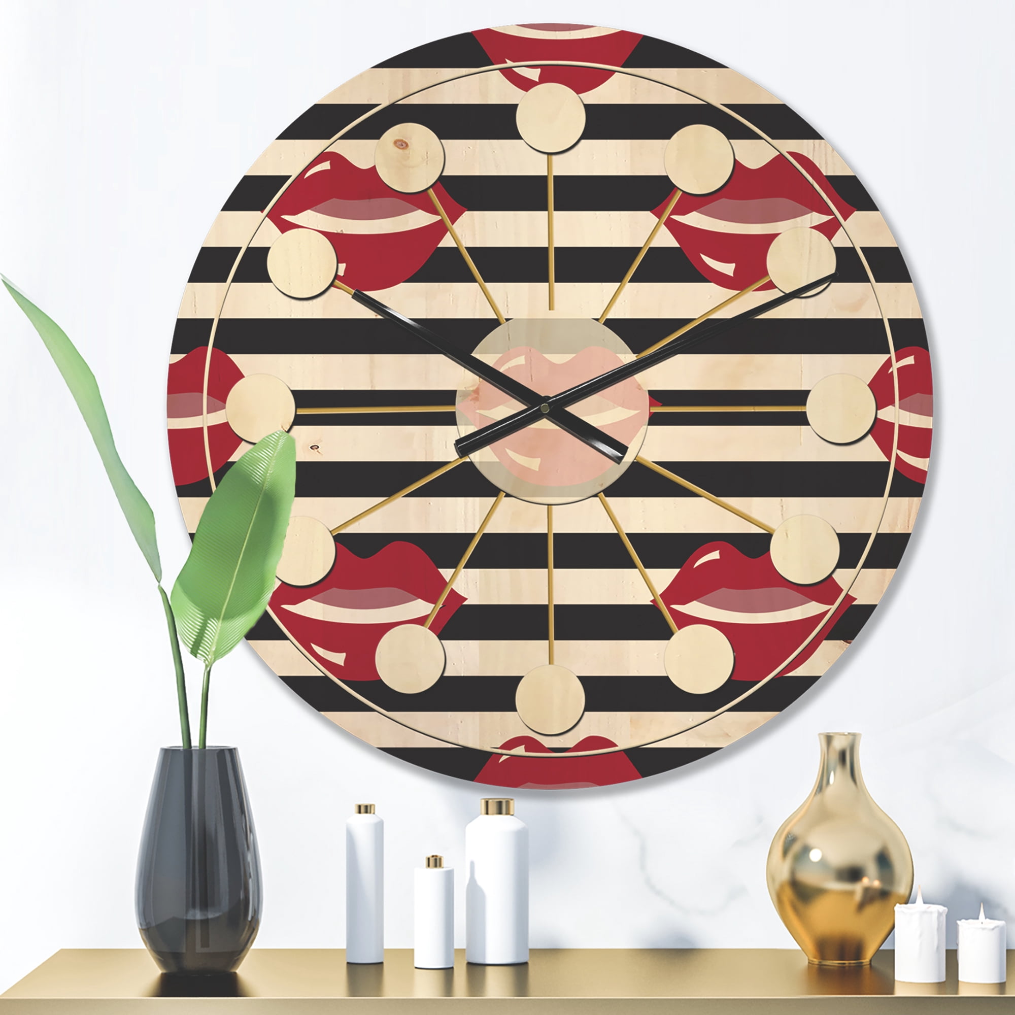 Designart 'Red Lips Fashion Horizantal Pattern' Mid-Century Modern Wood Wall Clock
