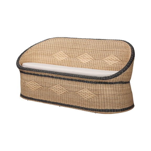 bali & pari Emiliana Natural Rattan Loveseat - Handwoven Wicker Sofa with Two-Tone Woven Detailing and Cushion, Boho Coastal Seating for Living Room or Sunroom