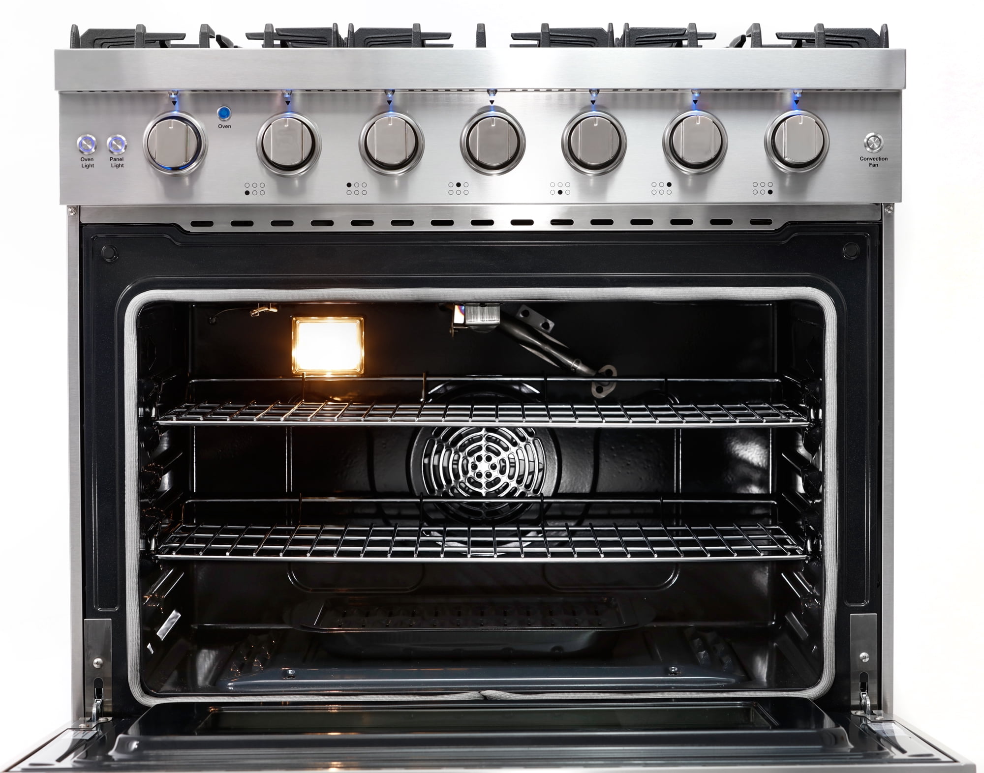 Cosmo 36 in. 6.0 cu. ft. Gas Range, 6 Burners, Convection Oven, Knob LEDs, Stainless Steel, Rose Gold Knob Kit