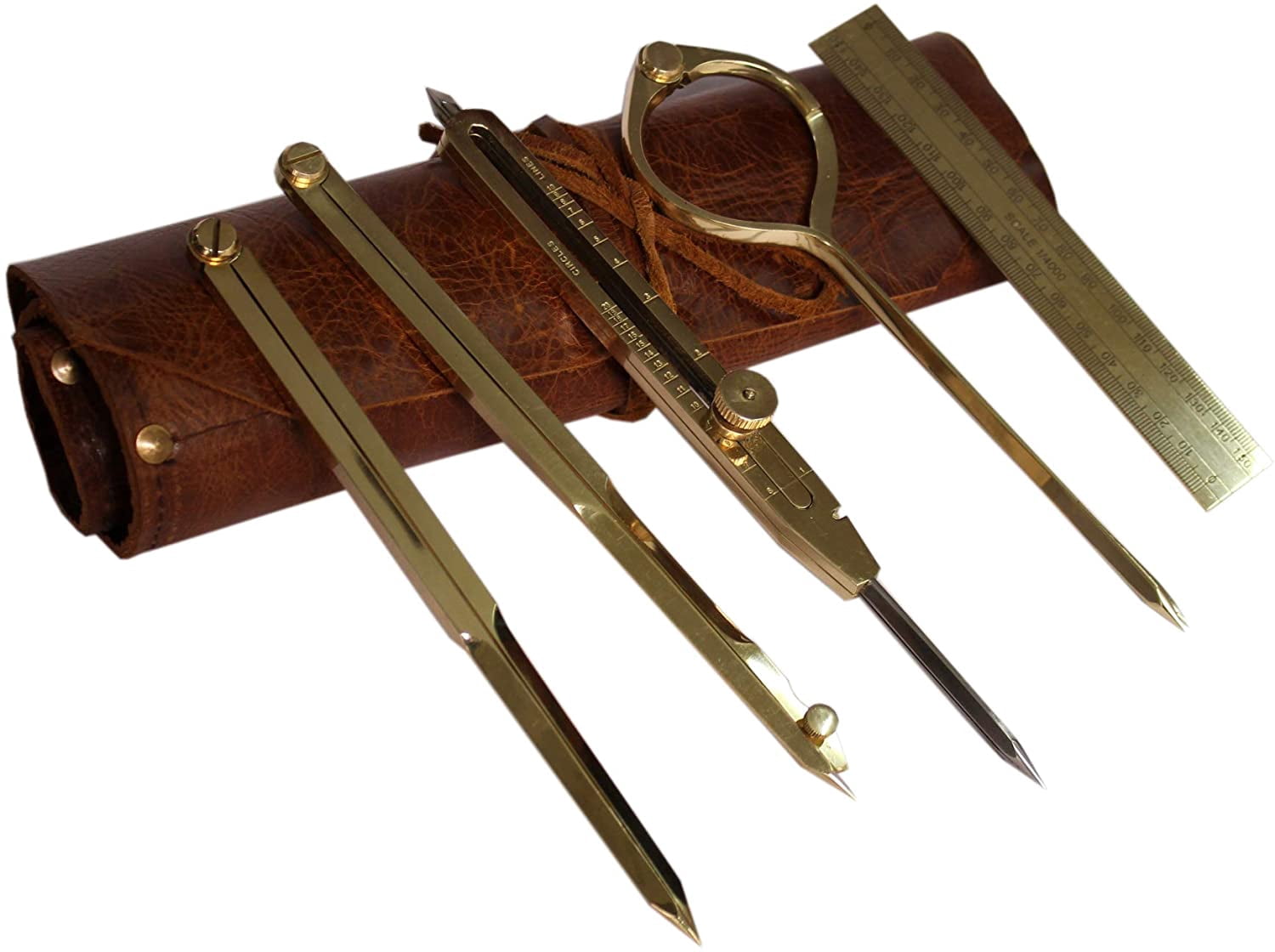 Proportional Divider Set of 5, Full Brass dividers with Executive Handmade Leather Roll Tools Bag, Single Handed 8" Brass Navigation Dividers Compass Set for Maritime, Naval, Geometry and Drafting.