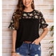 thumbnail image 3 of Camisa de cuello redondo para mujer Camisa de manga corta con volantes Camisa estampada floral Patrón empalme Top suelto Negro XL, 3 of 8