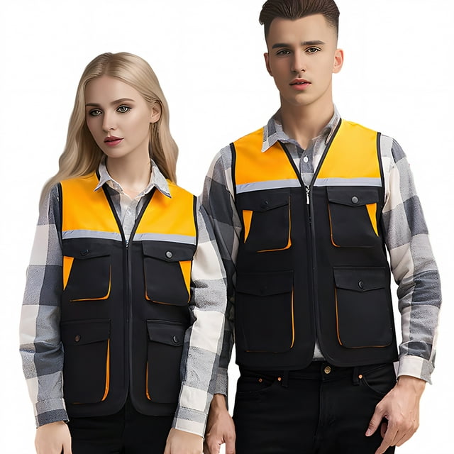 TOPTIE Reflective Working Vest with 4 Pockets Color Block Zipper Front High Visibility with Reflective Strips-Black-XL