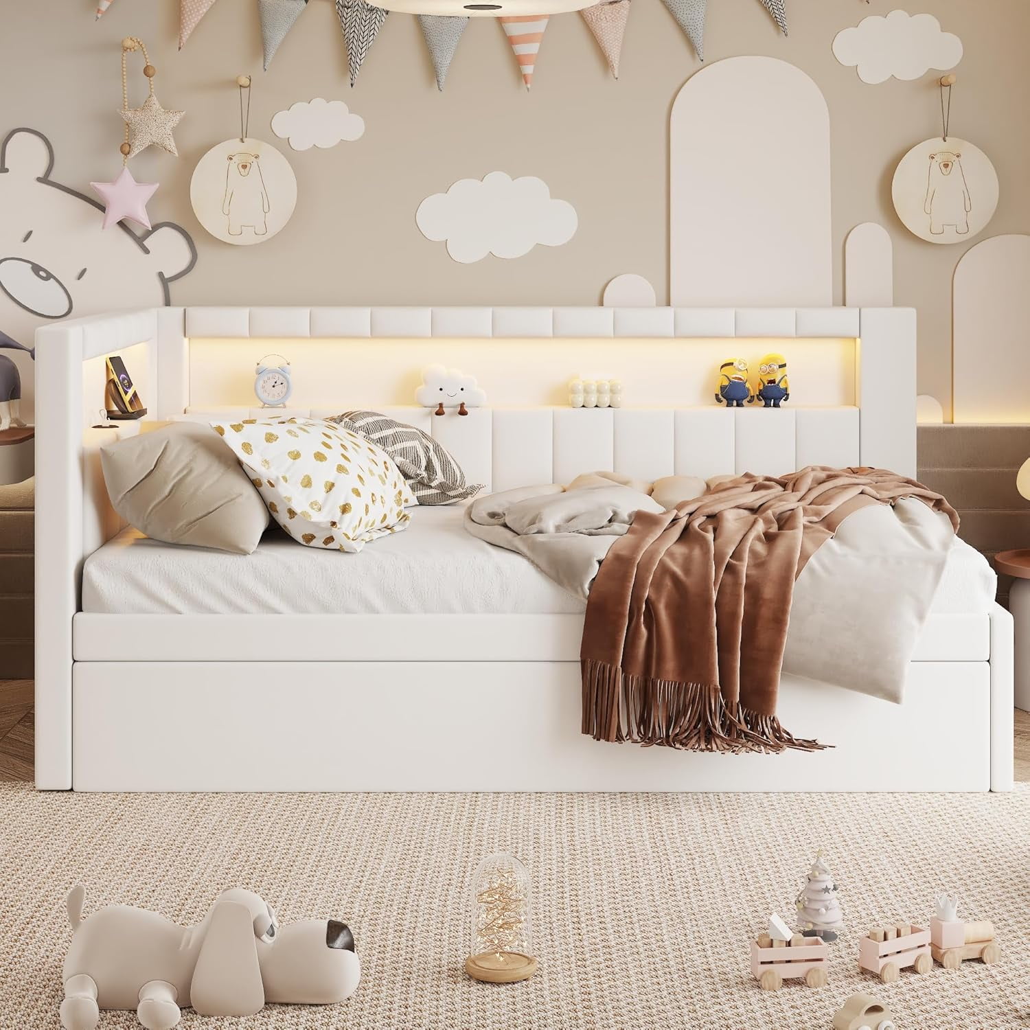 AISWORD Twin Size Daybed with Trundle and L-Shaped Bookshelf Headboard, Upholstered Soft Corner Bed with Storage Shelves, Charging Station and LED Belt, White