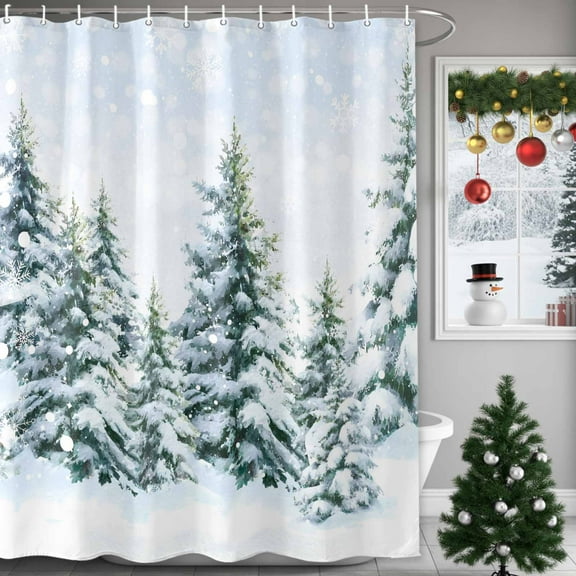 Christmas Tree Shower Curtains for Bathroom, Winter Snow Scene Pine Trees Forest Farmhouse Waterproof Fabric Shower Curtain for Bathroom Bathtub Decoration, Machine Washable, 36"x72"