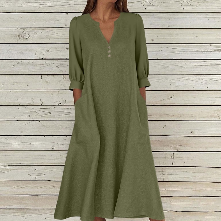 QLEICOM Fall Wedding Guest Dress,Dresses for Women,Women's Casual V-Neck  Dress with Three Quarter Length Sleeve and Modern Relaxed Fits Day Dress  Fashion for Brunch Dates and Weekend Activities - Walmart.com