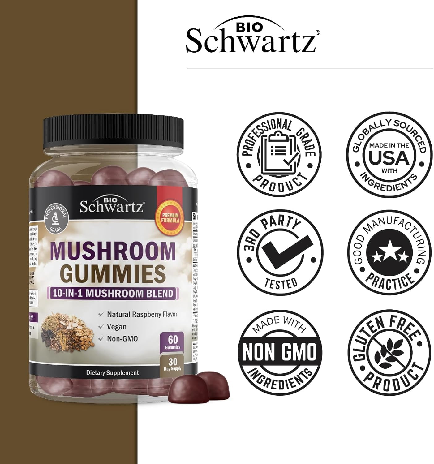 BioSchwartz 10-in-1 Mushroom Gummies, Herbal Supplement for Mood and Focus, Raspberry, 60 Count