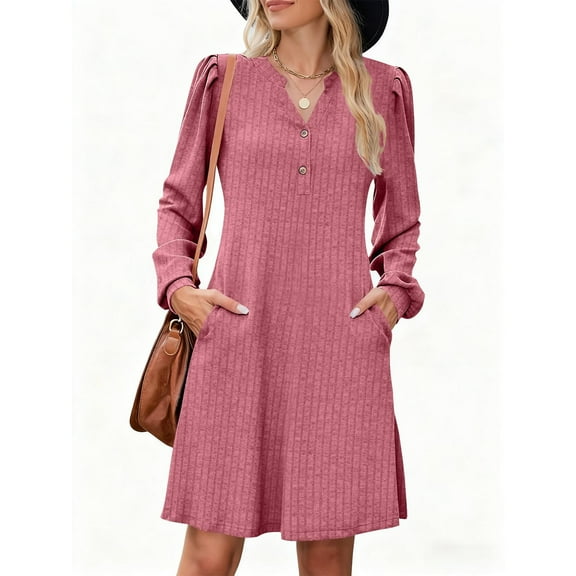 Neewe Women's Ribbed Knit Sweater Dress Casual Long Sleeve V Neck Bodycon Pleated A Line Long Dress Streetwear