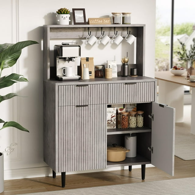 BeesClover Fluted Sideboard Buffet Cabinet with Storage, Modern Coffee Bar Cabinet with Adjustable Shelves and 2 Drawers, Wooden Buffet Console Table for Kitchen, Dining Room, Living Room