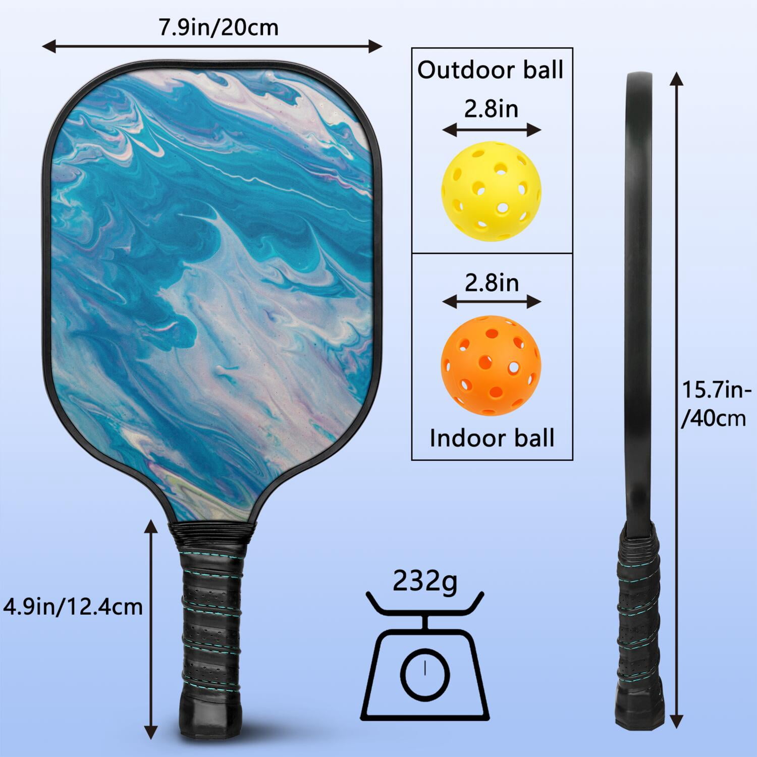 Pickleball Paddles Set Of 2, Fiberglass Surface, Liquid & Marble Print, 4 Balls & Bag