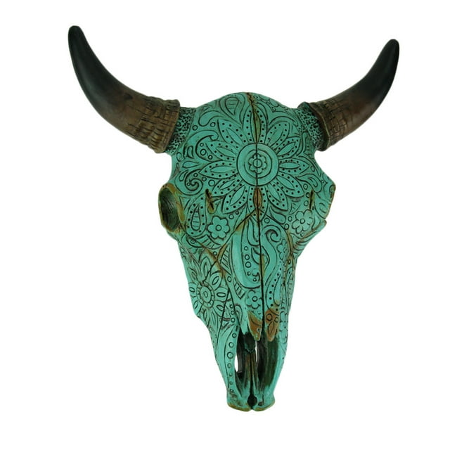 Turquoise Floral Tribal Carved Bull Skull Hanging Statue Halloween