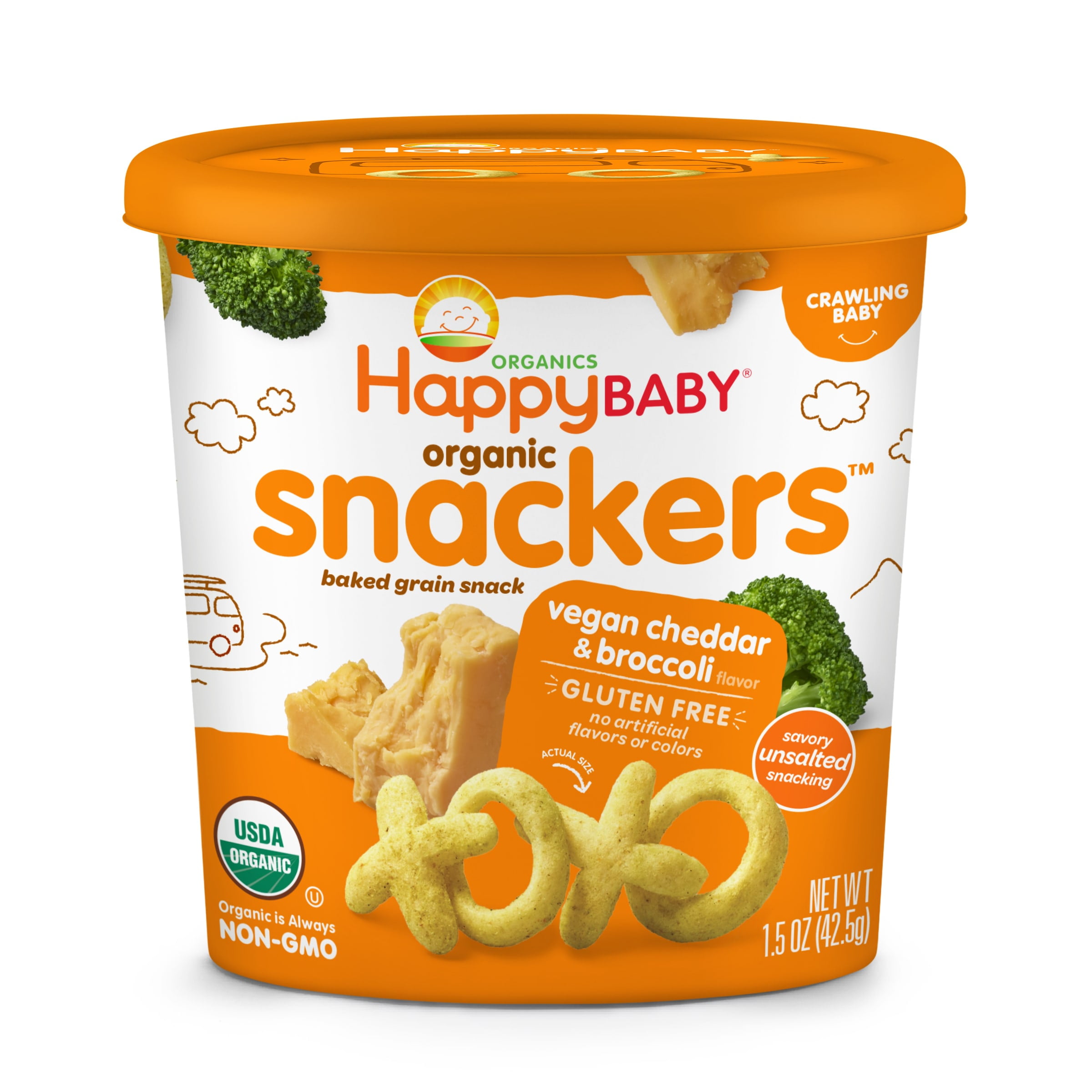 Happy Baby Organics Organic Snackers Gluten Free Baked Grain Snack Vegan Cheddar & Broccoli 1.5oz Cup UNIT