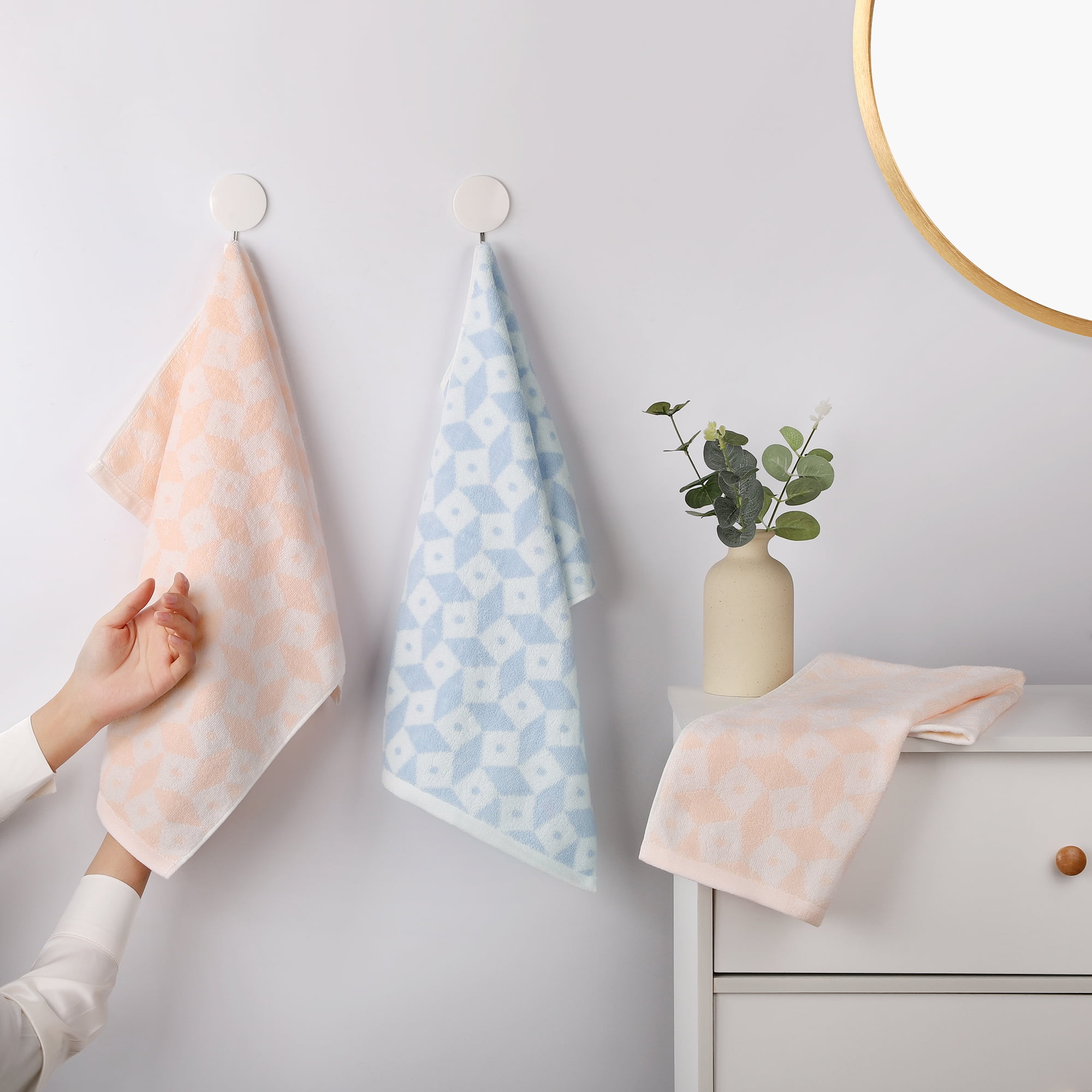 Unique Bargains Geometric Pattern Hand Towels Cotton Kitchen Bathroom Towels Green 4-Piece