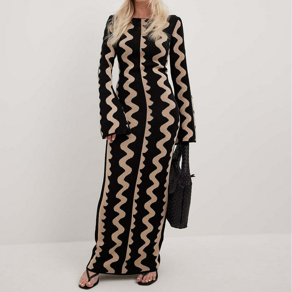 Women Bodycon Maxi Dress Wave Stripe Knit Dress Party Evening Dress (Khaki  M)