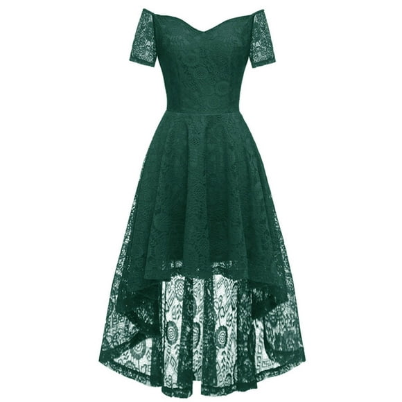 LOVZFMLL Ladies Vintage Princess Floral Lace Cocktail Off Shoulder Party Wedding Dress Army Green M