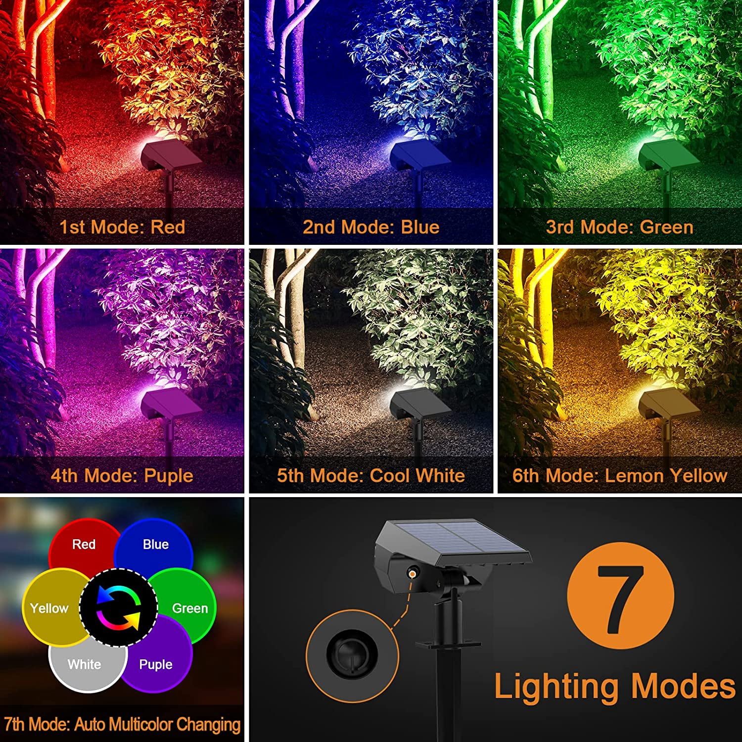 Flaow Solar Lights Outdoor,10 pack,IP65 Waterproof RGB Color Changing, Landscape Spotlights,7 Modes, Dusk to Dawn for Garden, Yard, Patio, Driveway