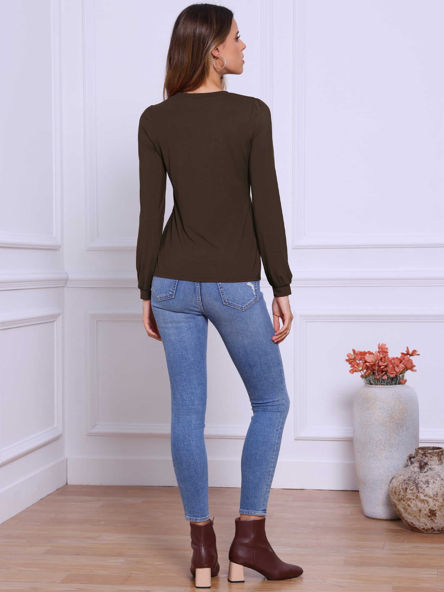 DARING DIVA Women's Pleated Trim Casual Long Sleeve Top XS Dark Brown