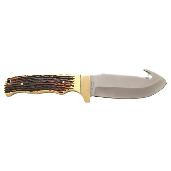 Uncle Henry Stagalon Fixed Blade Knife 4.25" Drop Point with Gut Hook 7Cr17MoV Stainless Blade Bonelon Handle Stag