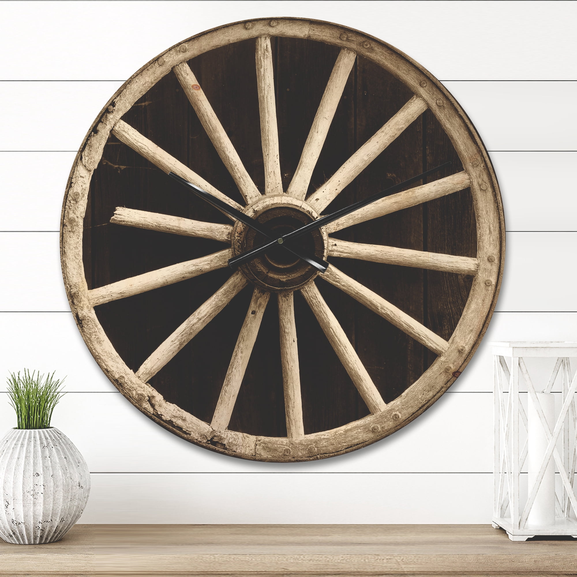 Designart 'Vintage Sepia Country Wagon Wheel Clock' Farmhouse Wood Wall Clock