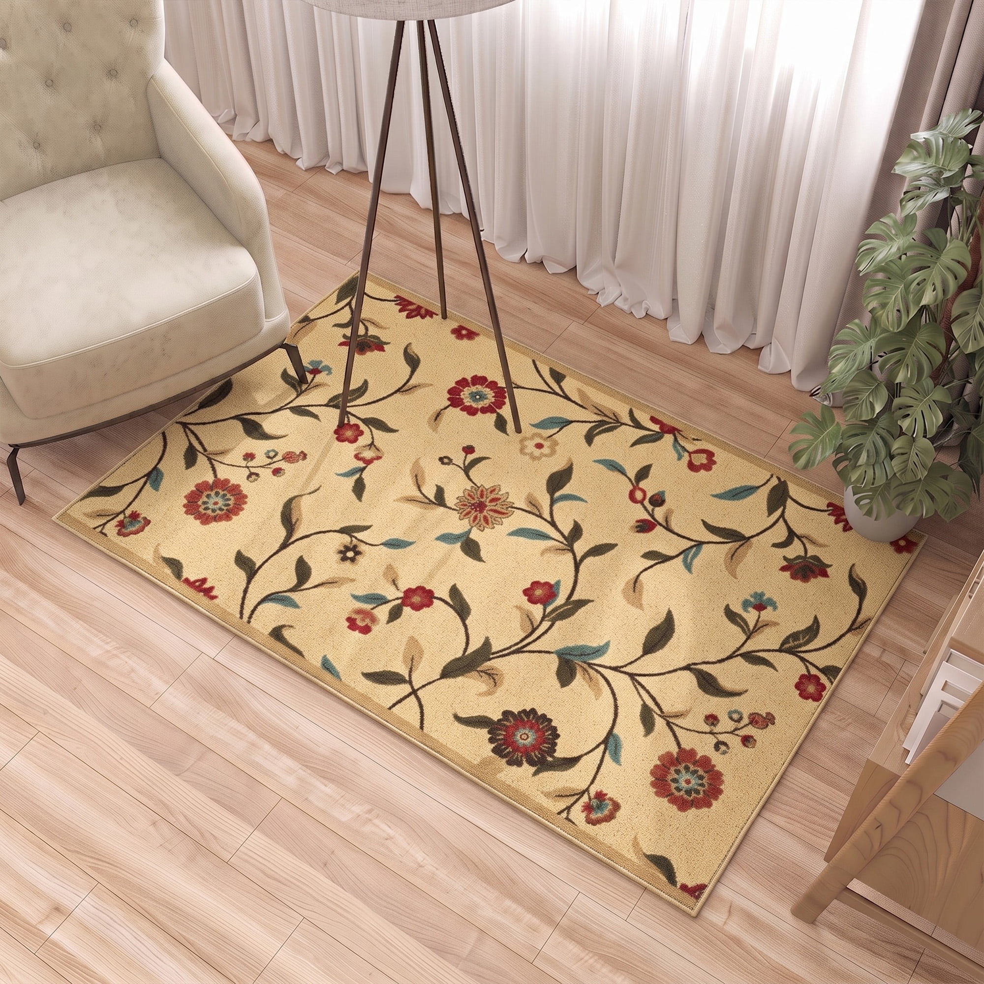 Ottomanson 2'7" x 5' Area Rug – Non-Slip Low Pile Stain Resistant Rug for Bedroom & Entryway, Floral Beige