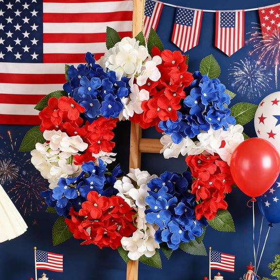 Taicans 20 Inch Red White Blue Hydrangea Flower Wreath - Patriotic Artificial Front Door Wreath for 4th of July,Memorial Day,Independence Day & Home Decor