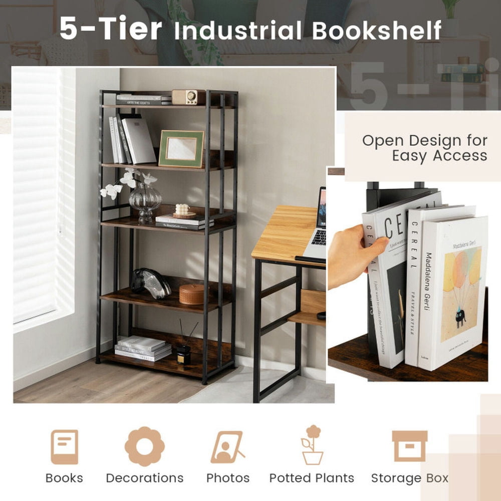 Demi Bonn 5-Tier Industrial Bookshelf Storage Shelf Display Rack with Adjustable Shelves, Brown
