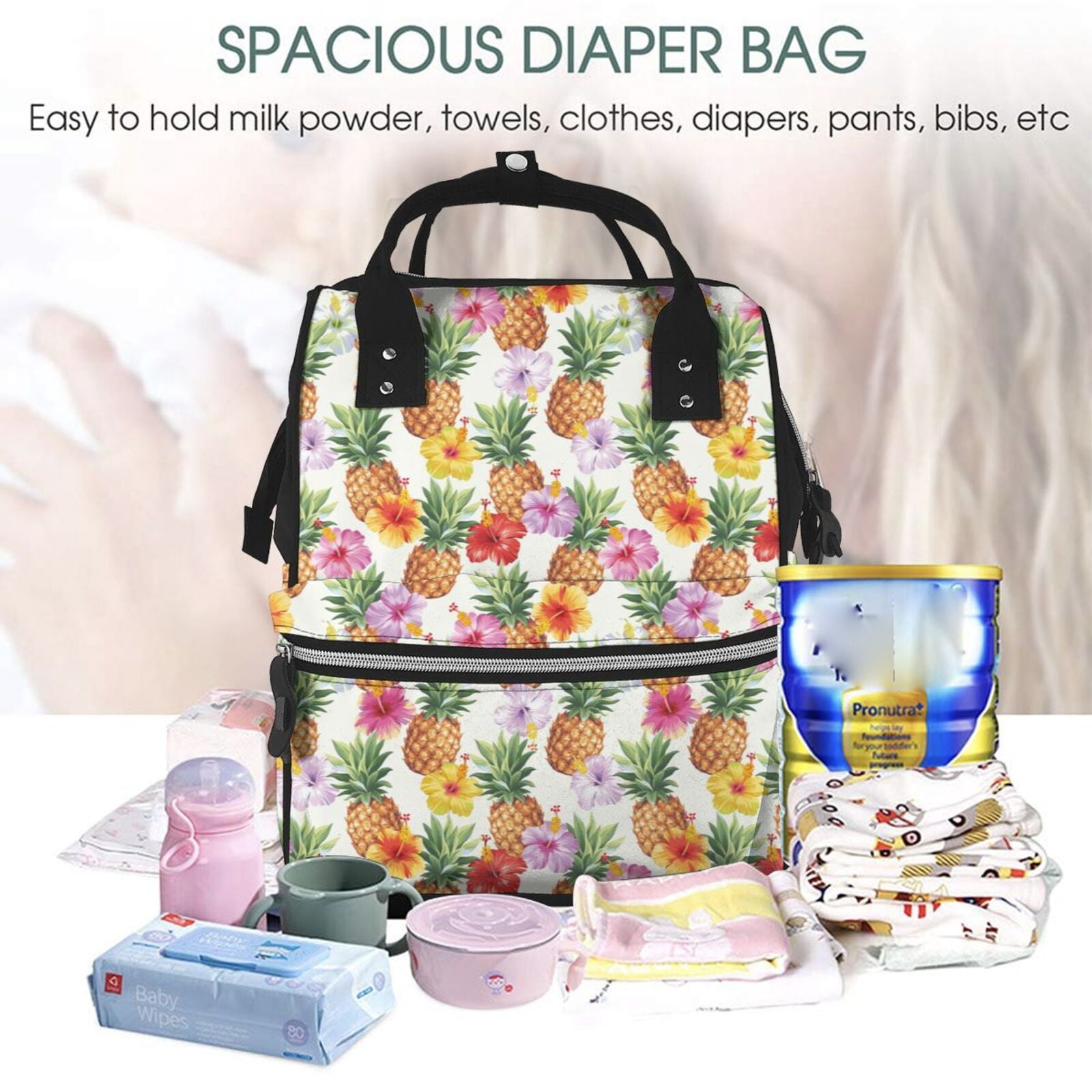 Ratiio Hawaiian Pineapples And Hibiscus Flowers Mummy Backpack - Waterproof Twill Canvas, Large Capacity Diaper Bag with Multiple Pockets and Adjustable Straps