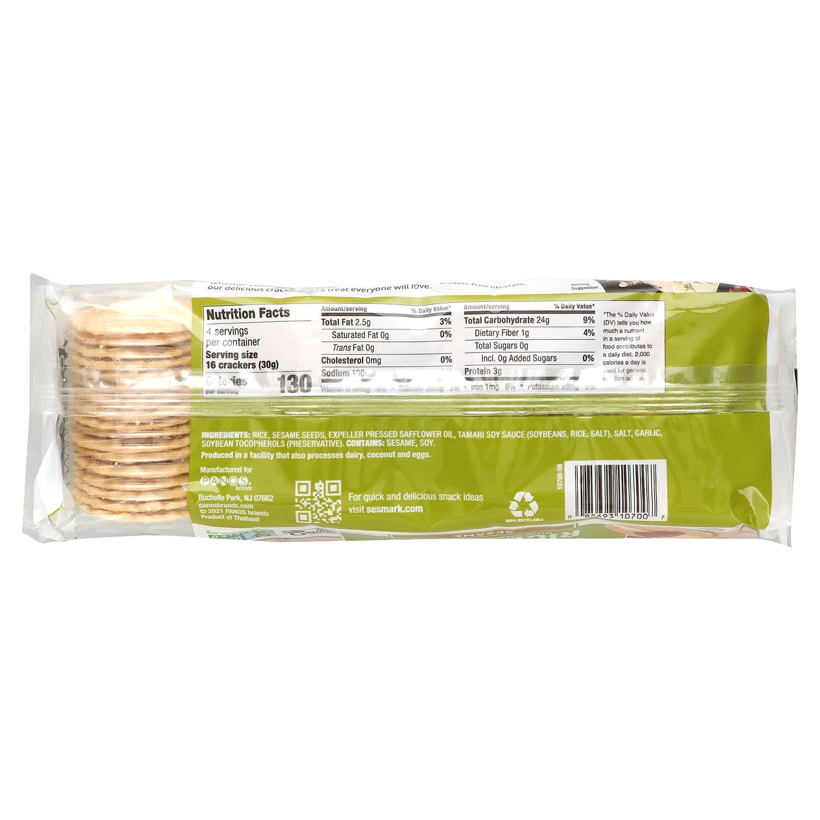 Sesmark, Rice Thins, Rice Snack Crackers, Sesame, 4.25 oz Pack of 4