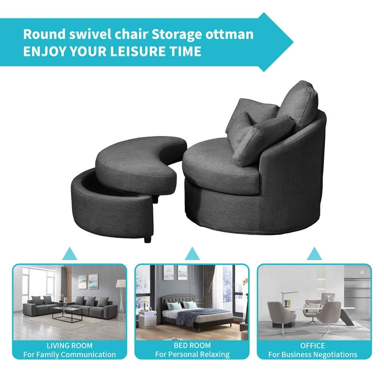 CECER Swivel Accent Chair with Storage Ottoman 360 Swivel Barrel Chair w Half Moon Ottoman Throw Pillows Living Room Chairs with Linen