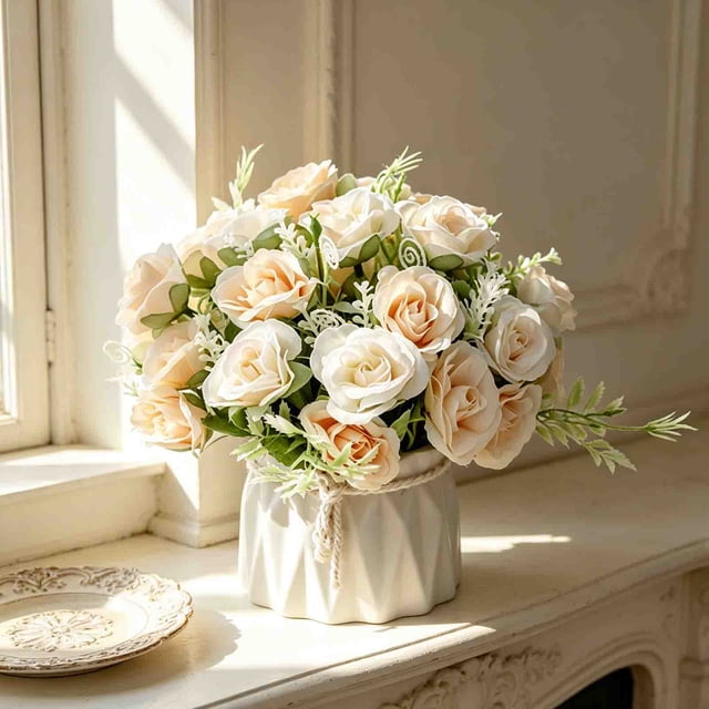 Flor Artificial En Pequeño Jarrón de Cerámica: Decoración Floral de Seda Artificial para Centro de Mesa En Fiestas, Oficinas o Bodas.