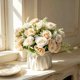 thumbnail image 1 of Jarrón de cerámica con arreglos de flores artificiales – Decoración de bola floral de seda falsa, ramo de plástico, tallos ajustables, centro de mesa para fiesta en casa y oficina de boda, 1 of 6