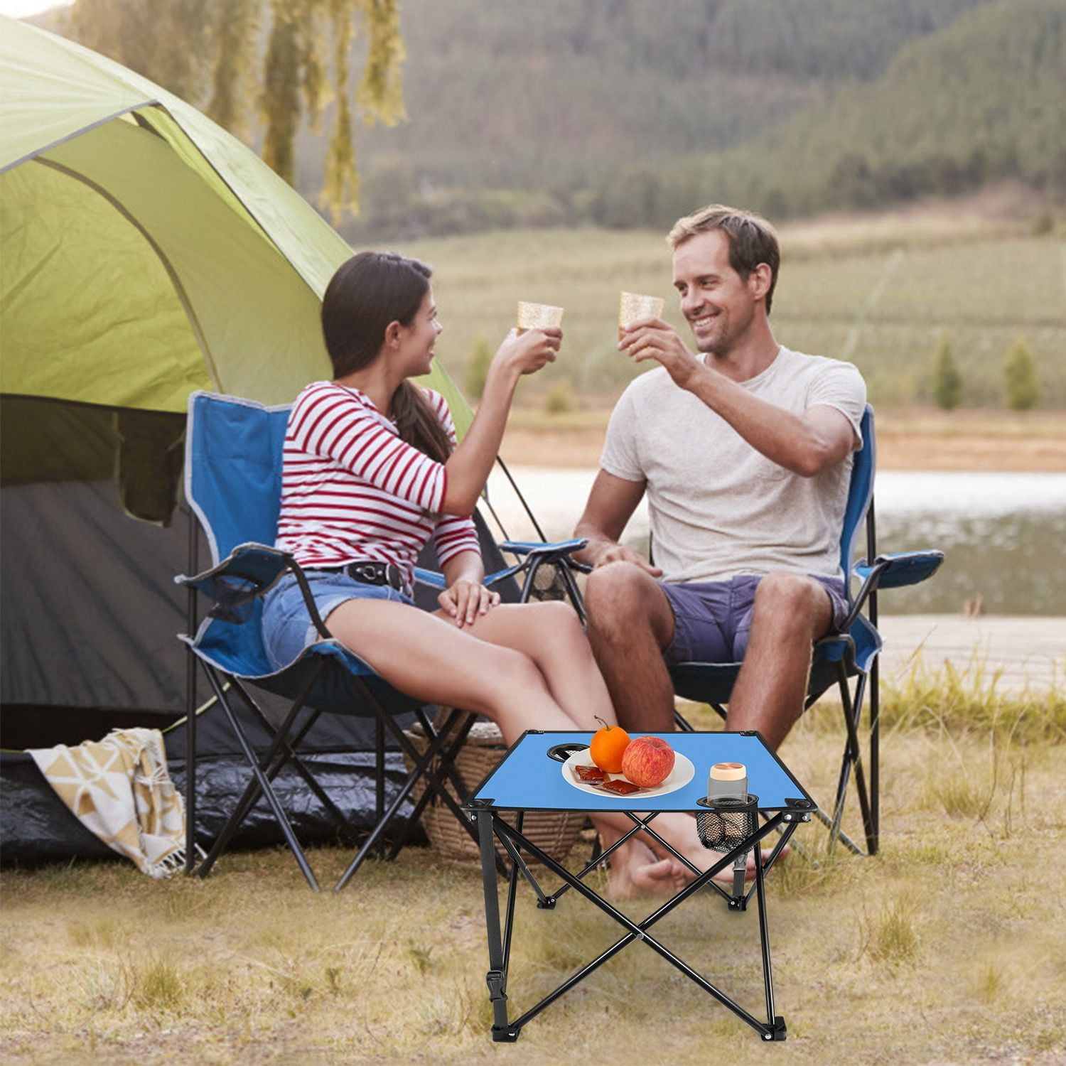 Foldable Camping Table Portable Picnic Table Lightweight Travel Desk with 2 Cup Holders Carrying Bag