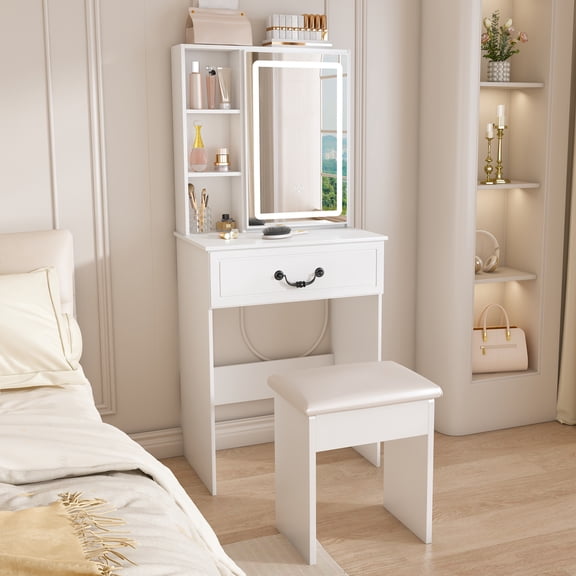 Noble House Makeup Vanity Desk with LED Mirror, Hidden Storage, Shelf & Padded Stool, White
