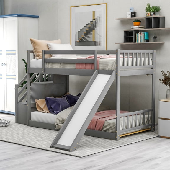 [US IN STOCK] Twin over Twin Bunk Bed with Convertible Slide and Stairway, Gray