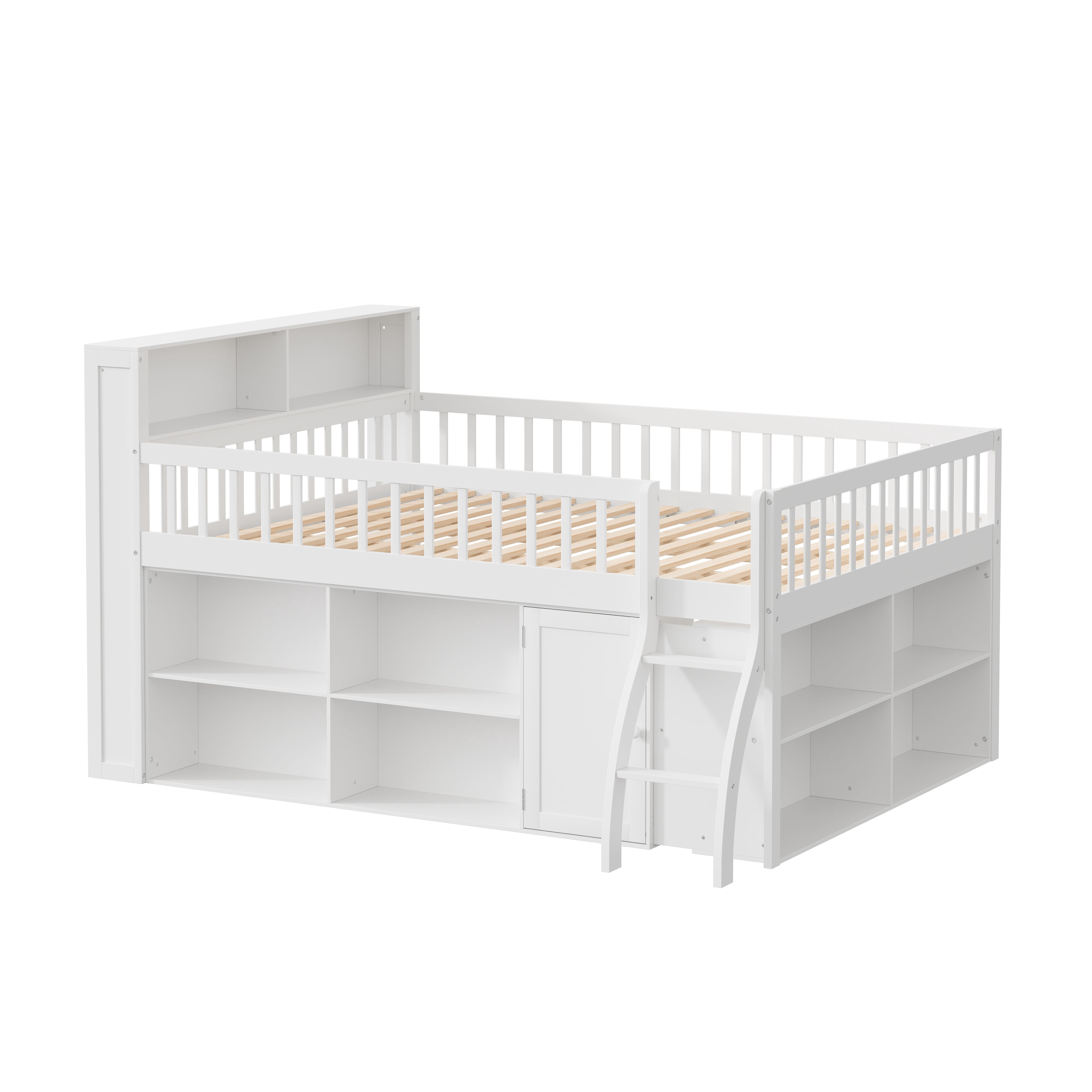 Euroco Wood Queen Size Loft Bed with Storage Shelves and LED Light, White