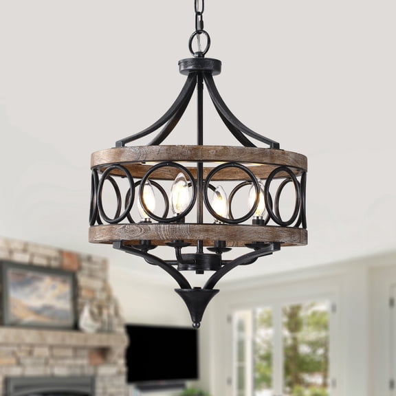 Bella Depot 16" 4-Light Retro Metal Cage Chandelier with 70" Adjustable Height Vintage Wood Light for Kitchen Island