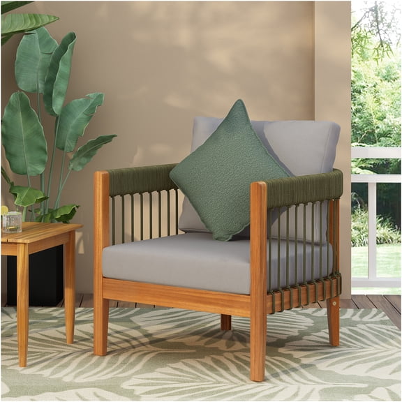 JERFIT Acacia Wood Patio Chair with Cushions, Outdoor Lounge Club Chair with Handwoven Rope Design, Water-Resistant for Garden, Porch