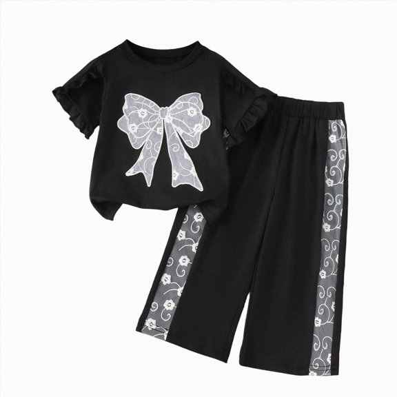 mgoYE Toddler Baby Girls Clothes Short Sleeve Bow Top Straight Pants Girls Spring and Fall 2 Pcs Outfits 2-3 Years