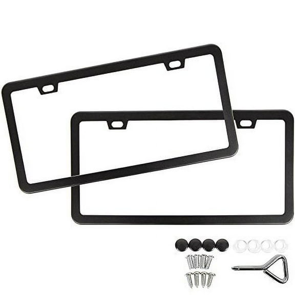 SunplusTrade Two Matte Black Powder Coated Aluminum License Plate Frame with Black Screw Caps