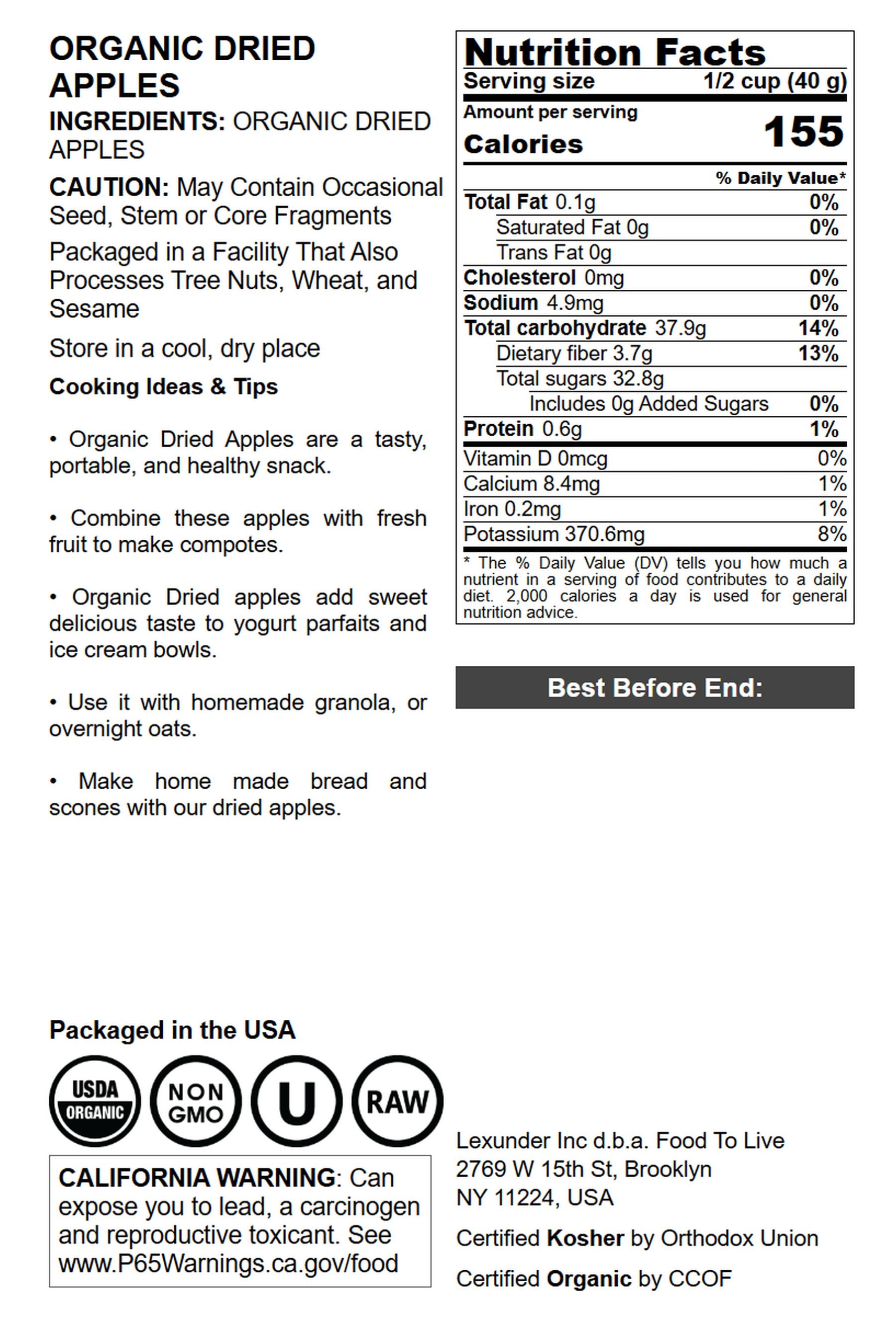 Organic Dried Apple Rings, 1 Pound - Non-GMO, Kosher, Raw, Vegan, Unsulfured,Bulk – by Food to Live