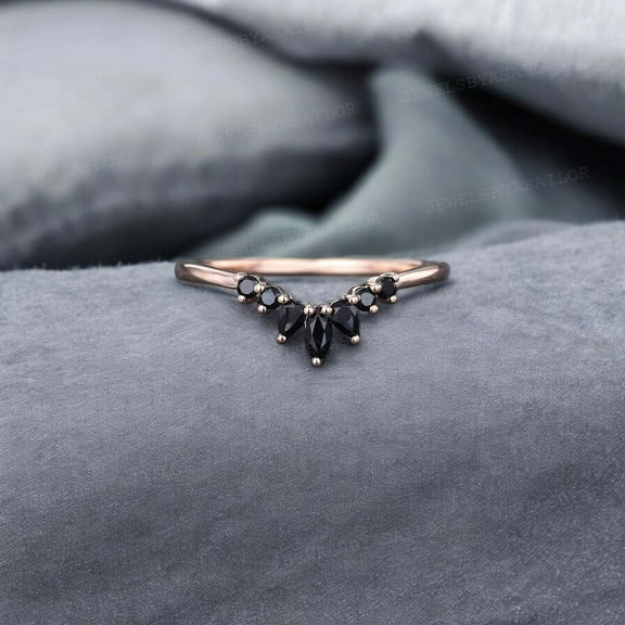 JEWELSBYASAILOR 2.5 X 5 MM Natural Black Onyx Band / Curved Bridal Band / December Birthstone Gift For Love / Rose Gold Plated Silver