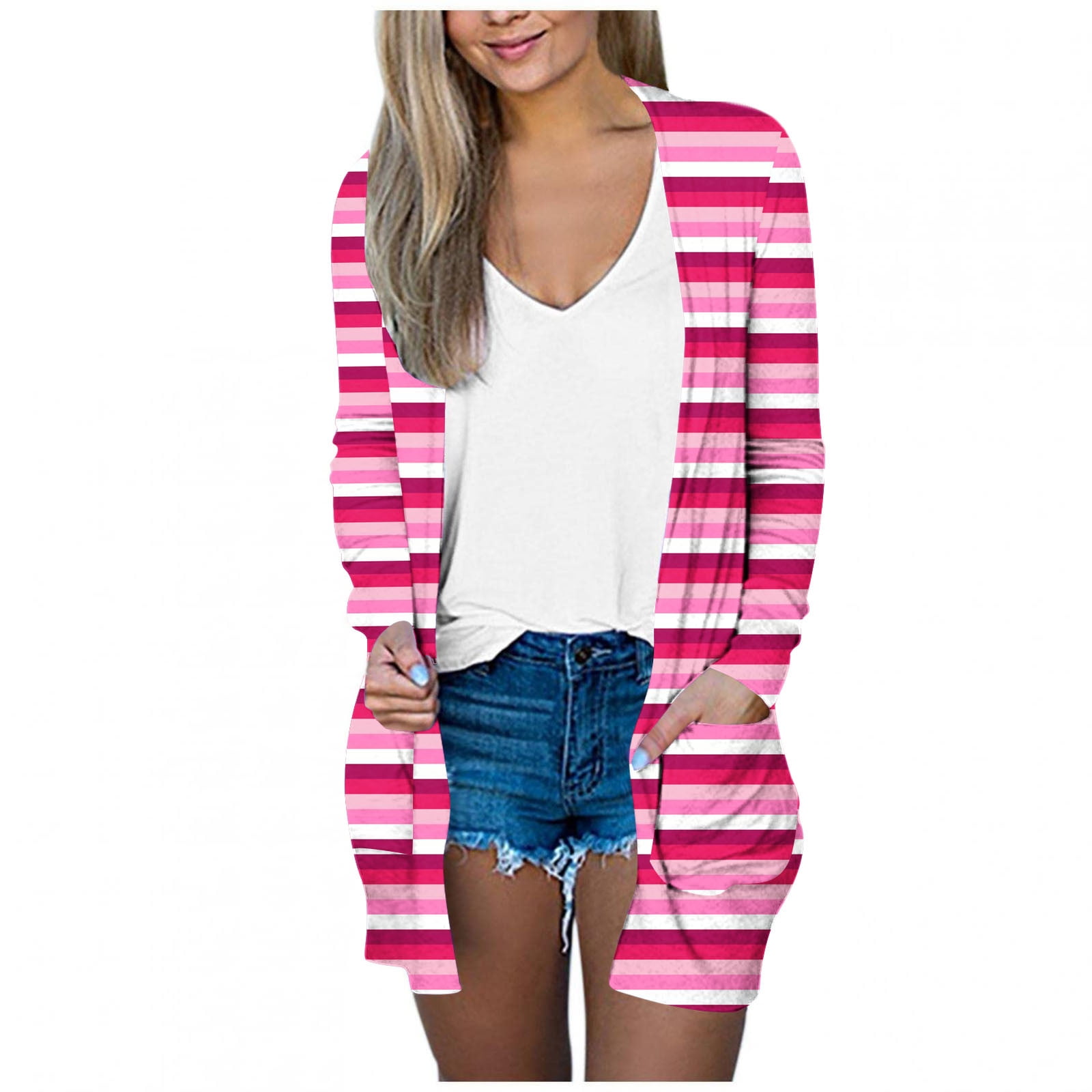 Meichang Striped Cardigan for Women Light Weight Long Sleeve Open