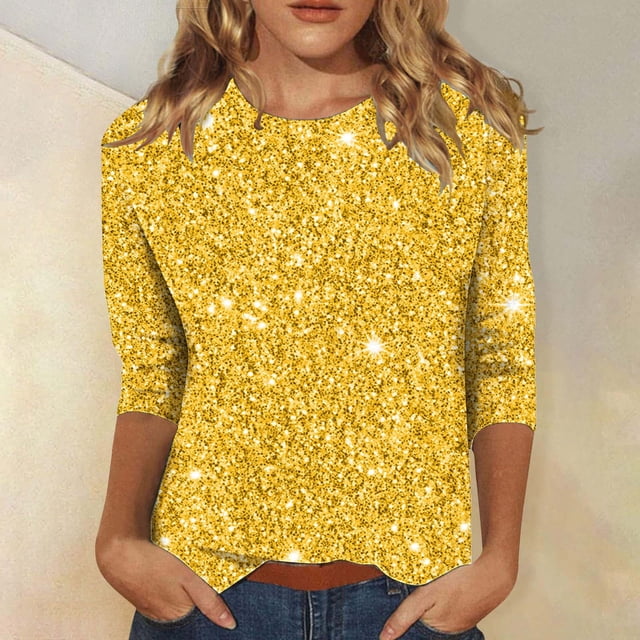 Jsaierl T-Shirts à Manches 3/4 pour Femmes Automne 2024 Mode Scintillant Graphique Col Rond Hauts Pailletés Chandail-Over pour Soirée