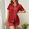 thumbnail image 3 of Dvprdro Pajamas for Women Casual Short Sleeve Satin Pajama Set 2 Piece Loose Fit Button Down Turndown Collar Sleep Tops and Shorts Loungewear Home Set, 3 of 5